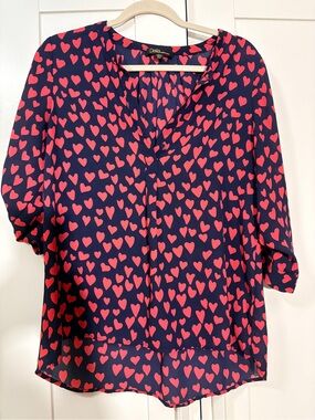 dELiA*s Navy & Ted Heart Print Blouse button V neck button roll sleeve